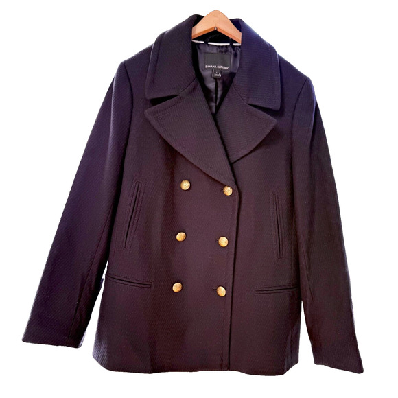Banana Republic Wool Peacoat Women’s L ~ Nova Fides Italy ~ Navy Gold Buttons - Picture 1 of 13